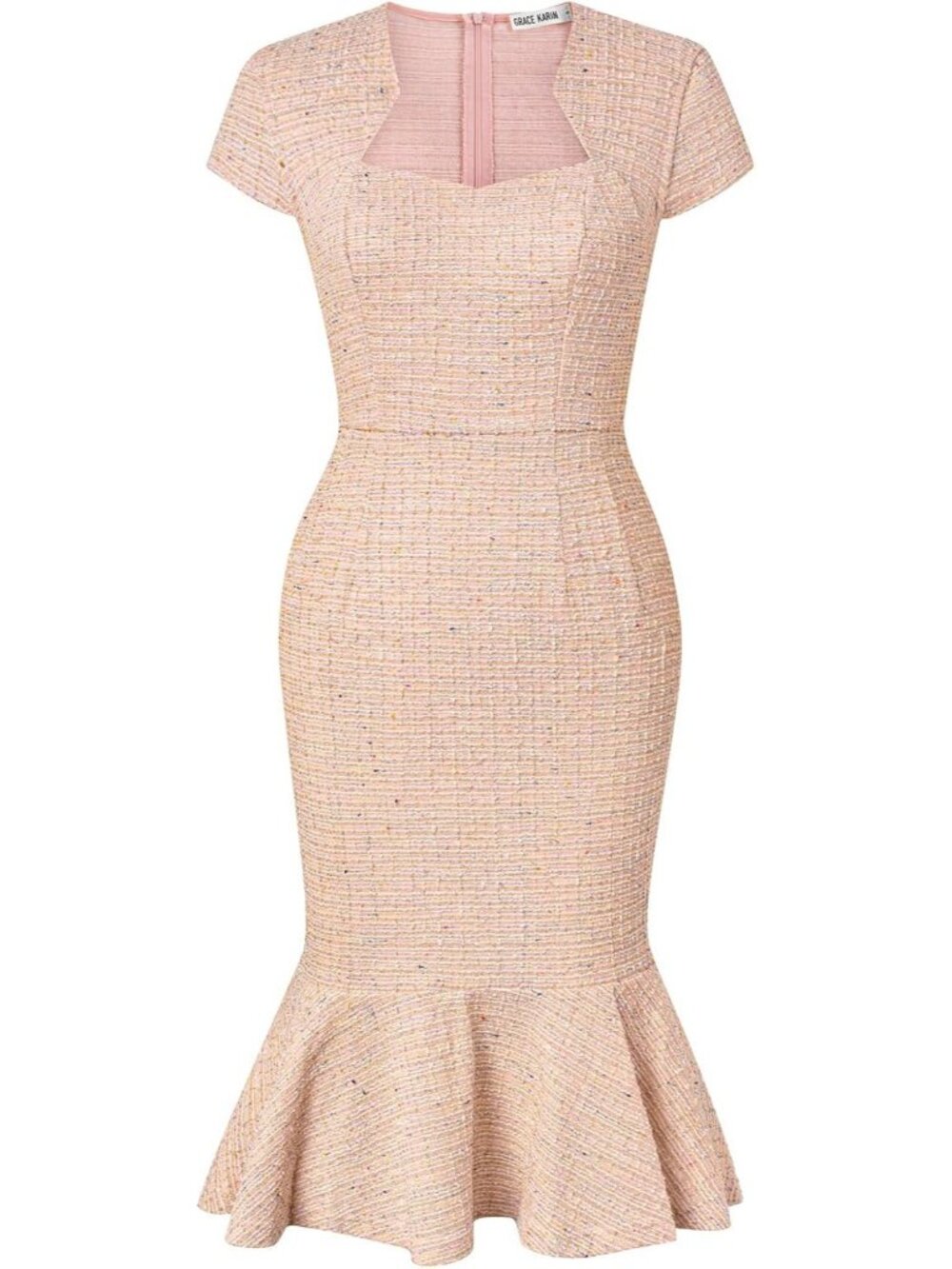 Women's Light Pink Cotton Blend Stretch Fabric Knee-Length Cap Sleeves Midi